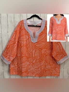 John  Mark Embroidered Boho Top Blouse Women 3X Leaf Print  3/4 Sleeve NWT